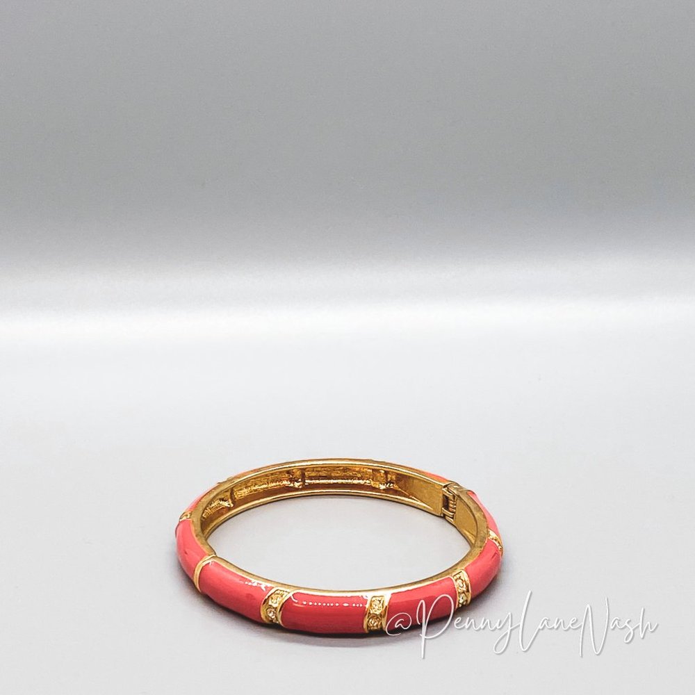 Vintage Pink With Gold Stripes Enamel Bangle Bracelet - Picture 4 of 5